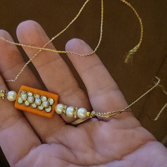 Rakhi Orange Gold Thread Pearl Beaded Rhinestone Bracelet - Picture 4 of 4